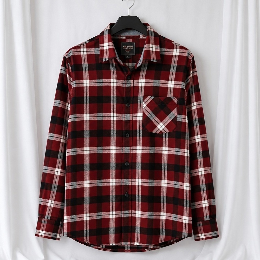 Redmond Mens Flannel‎ Shirt Large Red Black Plaid Cotton Button Up Long Sleeve